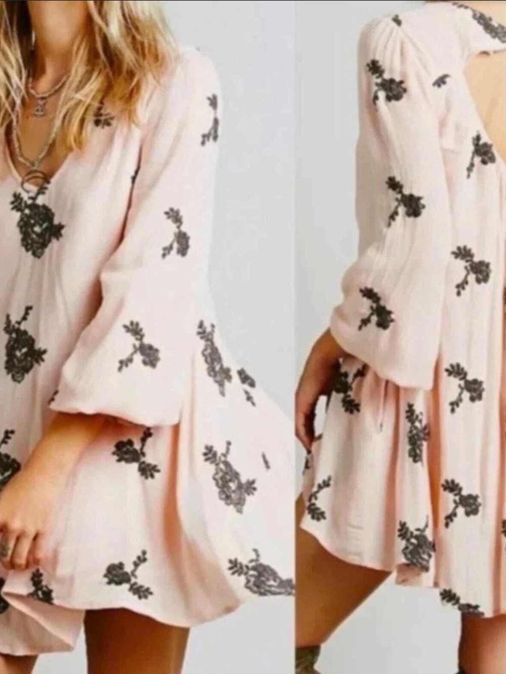 Free People Emma Embroidered Swing Dress in Blush Pink